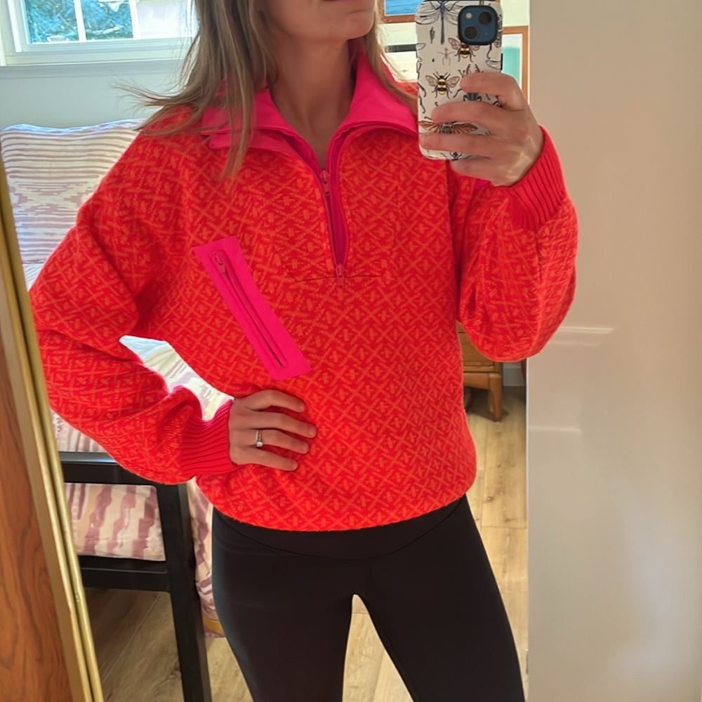 Vintage Obermeyer ski sweater pullover quarter zip orange pink Kess knit S